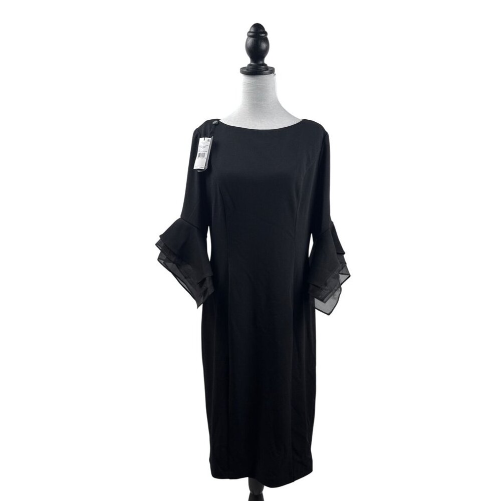 Adrianna Papell Sheath Midi Dress Womens 10 Black Crepe‎ Tiered Cuff Sleeve